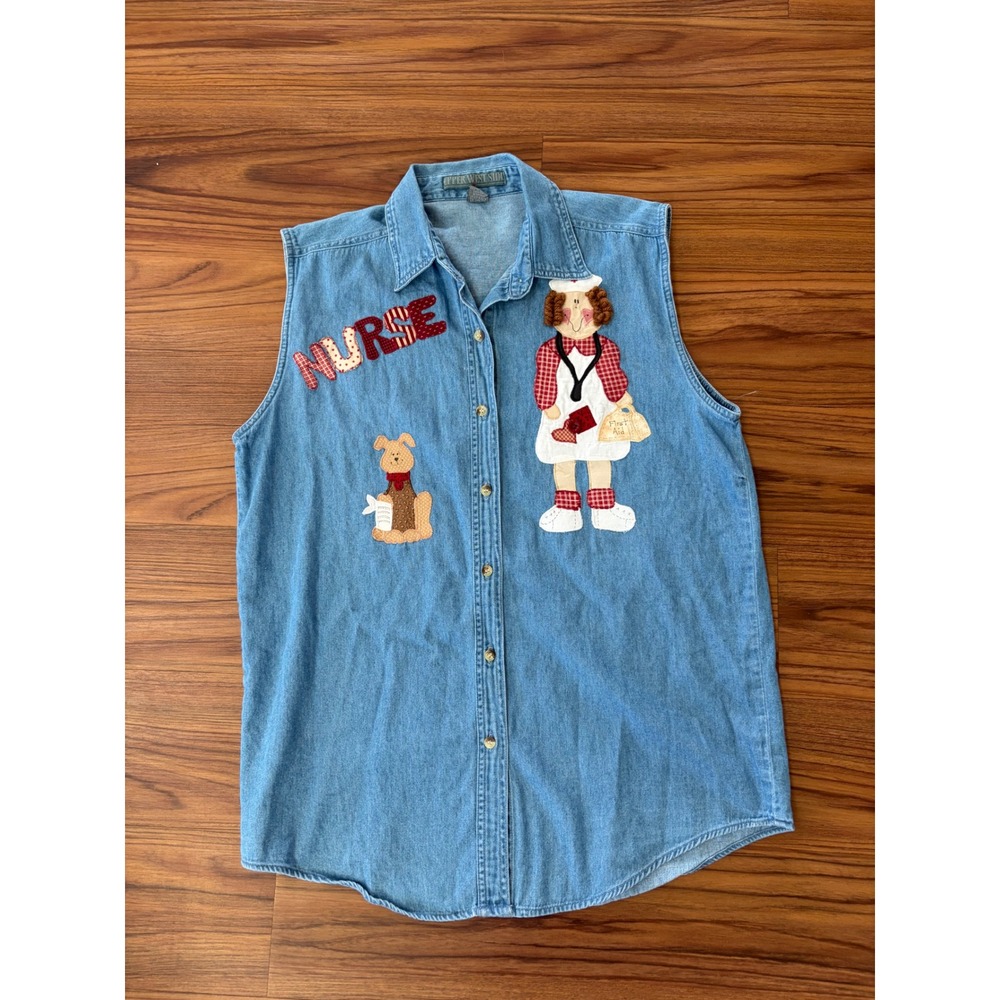 Vintage embroidery Nurse sleeveless denim button up shirt sz large